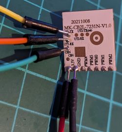 MK-CB2L_7231N-V1.0 module connected with jumper wires.