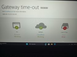 Zrzut ekranu z komunikatem błędu Gateway Time-out, kod błędu 504, z Cloudflare.