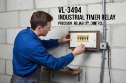 Man configuring VL-3494 timer relay mounted on wall in a workshop environment.