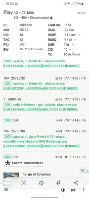 Zrzut ekranu z aplikacji pokazujący informacje o nadajnikach sieci komórkowej Play 4G LTE 1800.