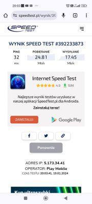 Zrzut ekranu z wynikami testu prędkości internetu na urządzeniu mobilnym.