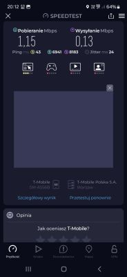 Zrzut ekranu z aplikacji Speedtest pokazujący bardzo niską prędkość internetu mobilnego T-Mobile: pobieranie 1,15 Mbps, wysyłanie 0,13 Mbps.