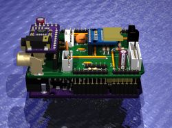 3D render of a PCB board with electronic components visible from the side.