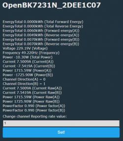 Screenshot of OpenBK7231N_2DEE1C07 user interface with energy data.