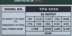 Chieftec TPS-500S power supply label with output voltage table