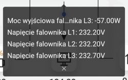 Ekran z odczytami napięcia i mocy falownika L1, L2, L3.