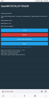 OpenBK7231N application interface on a device screen.