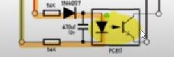 Section of an electrical schematic with a PC817 optocoupler, 1N4007 diode, 470uF/10V capacitor, and 56K resistors.