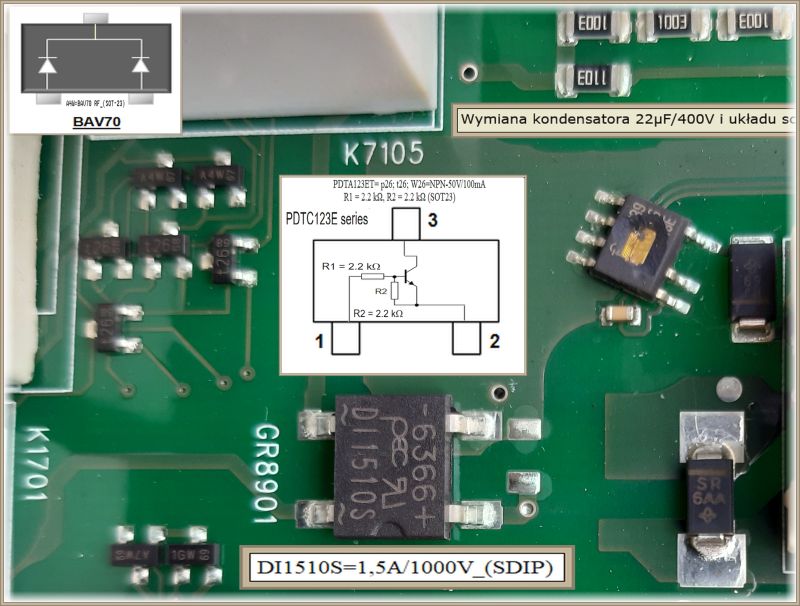 Zbliżenie na płytkę PCB z oznaczeniami i schematami elementów elektronicznych