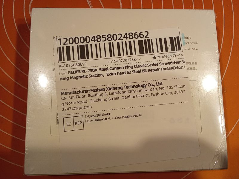 Etykieta produktu RELIFE RL-730A z danymi producenta i kodem kreskowym