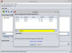 Language and compiler specification selection dialog in Ghidra.