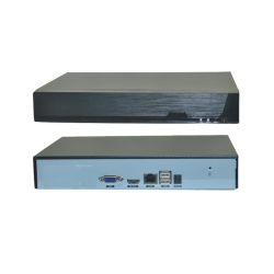 V16-H1 Network Video Recorder – Front and Rear View 16-channel NVR V16-H1 with front and rear views, showing connection ports and LED indicators.