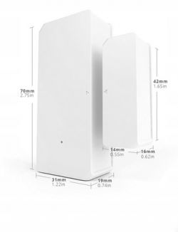 Sonoff Door Opening Sensor with Dimensions White door opening sensor with dimensions in millimeters and inches.