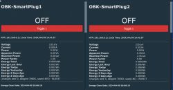 Screenshots of two browser windows displaying data for OBK-SmartPlug1 and OBK-SmartPlug2 smart plugs.