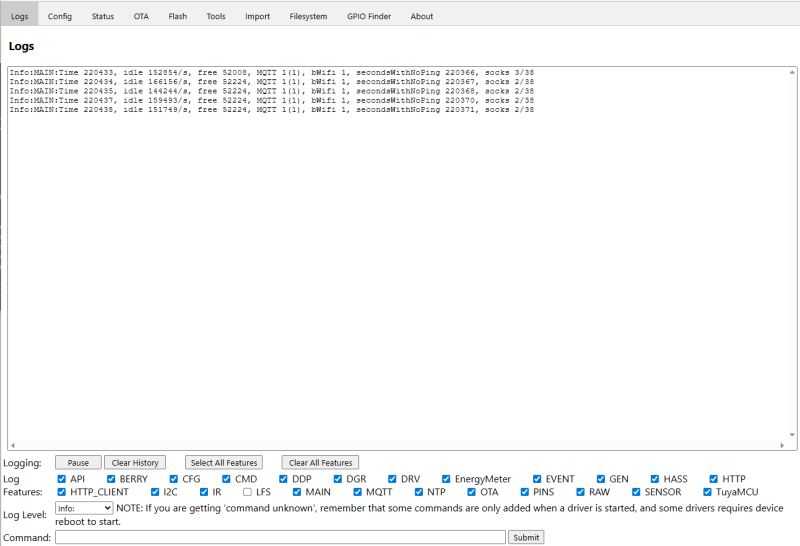 OpenBK system log interface showing MAIN and MQTT entries