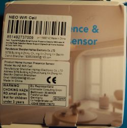 Neo WiFi Presence Sensor Package Package of Neo WiFi presence sensor with informational labels.