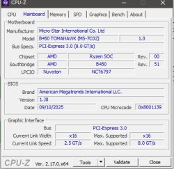 Zakładka CPU-Z z informacjami o płycie głównej MSI B450 TOMAHAWK i wersji BIOS-u 1.38