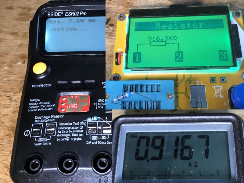 Comparison of Electronic Component Testers Electronic component testers BSIDE ESR02 Pro, LCR-T4, and multimeter.