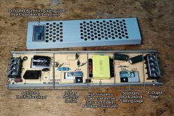 Disassembled LED power supply with labeled sections: AC input, switching, rectification, and DC output