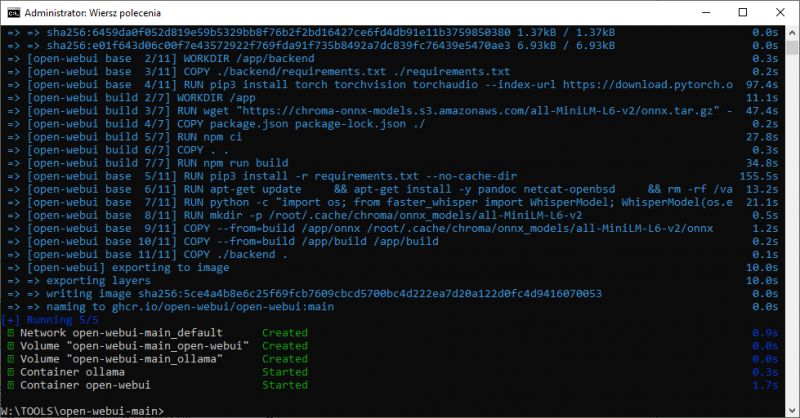 Installing Open-WebUI via Docker Screenshot of a terminal showing the progress of installing Open-WebUI using Docker.