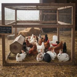 Cage with 23 chickens and 12 rabbits on straw-covered ground