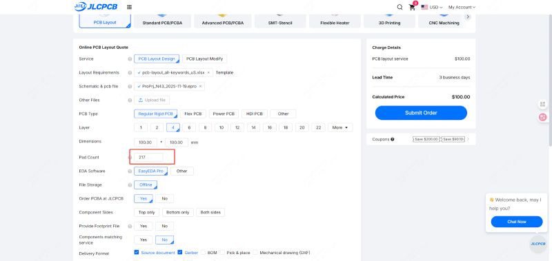 PCB layout service order form with selected parameters and $100 cost