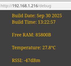 Debug interface screenshot of ESP via browser with IP address and system stats