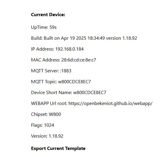 Screen with hardware and network details of W800 device, including IP address and firmware version.
