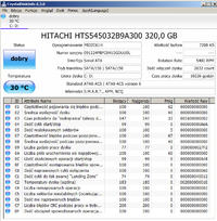 Ocena stanu dysku Hitachi 320 GB w CrystalDiskInfo - wartość (05) i uszkodzone sektory