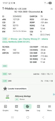 Zrzut ekranu z aplikacji pokazującej parametry sieci T‑Mobile 4G LTE 2100 i 5G NSA 3600 oraz siłę sygnału