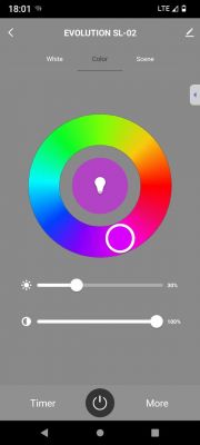TuyaMCU mobile app with a color wheel for adjusting light hue.