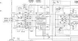 Schemat elektroniczny wzmacniacza fonicznego z oznaczeniami komponentów.