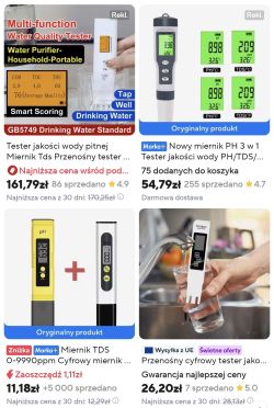 Cztery różne elektroniczne testery jakości wody z wyświetlaczami LCD i cenami