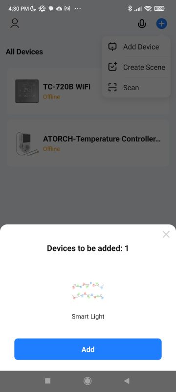 Adding Smart Light in the App App screen for adding new devices, showing the option to add Smart Light.