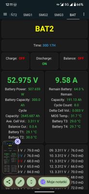 Ekran aplikacji BAT2 z danymi baterii, status: Charge OFF, Discharge ON
