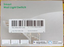 Milfra TB-23 Smart Wall Switch Box Product box for Smart Wall Light Switch featuring a barcode and logos for Google Assistant and Amazon Alexa.