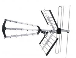 Antena telewizyjna z elementami aluminiowymi i plastikowymi.