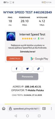 Wynik testu prędkości internetu T-Mobile: ping 18 ms, pobieranie 28,1 Mb/s, wysyłanie 4,12 Mb/s
