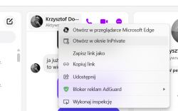 Menu kontekstowe w aplikacji Messenger oparte na silniku Edge z różnymi opcjami.