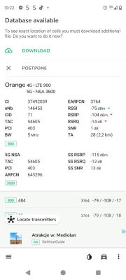 Zrzut ekranu aplikacji diagnostycznej sieci komórkowej pokazujący informacje o połączeniu 5G i 4G Orange, w tym parametry sygnału i szczegóły komórki.