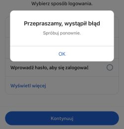 Komunikat o błędzie logowania z przyciskiem „OK” na ekranie aplikacji