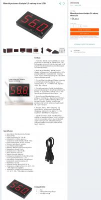 Zrzut ekranu aukcji internetowej przedstawiającej miernik poziomu dźwięku z dużym ekranem LCD o rozmiarze 9,6 cala.