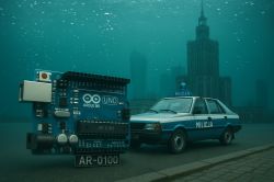 Underwater scene with a large Arduino UNO board and an old Polish police car in front of Warsaw’s Palace of Culture and Science.
