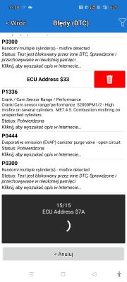 Ekran aplikacji diagnostycznej samochodu pokazujący kody błędów OBD-II.