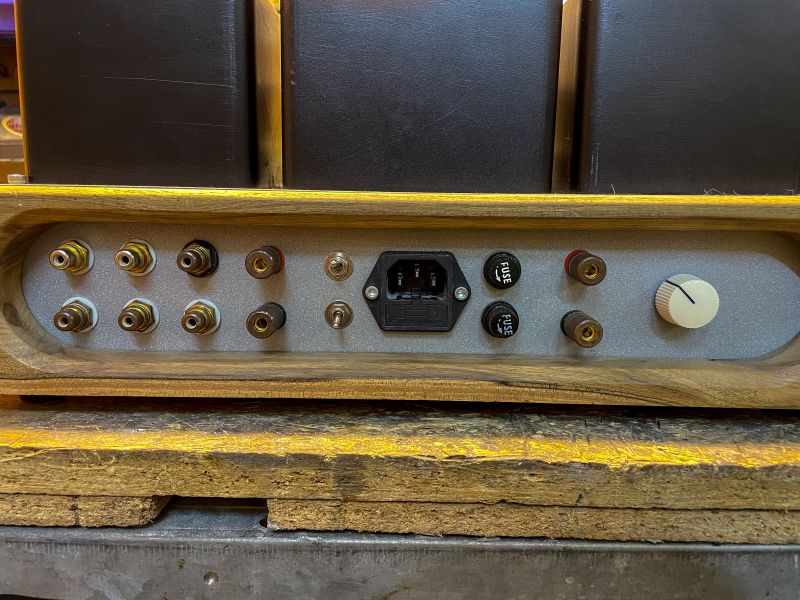 Rear Panel of Tube Amplifier Rear panel of an amplifier with various connectors and a power socket.