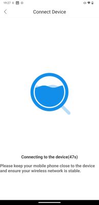 App screen with Connect Device message and magnifying glass icon filled with blue liquid.