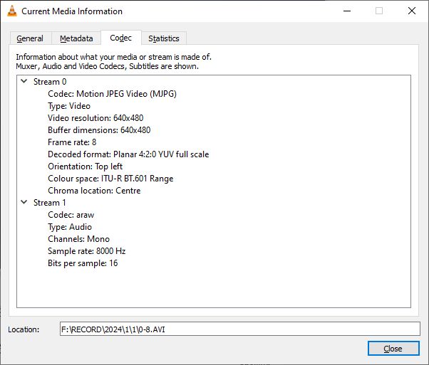 VLC window showing codec information for an AVI video file