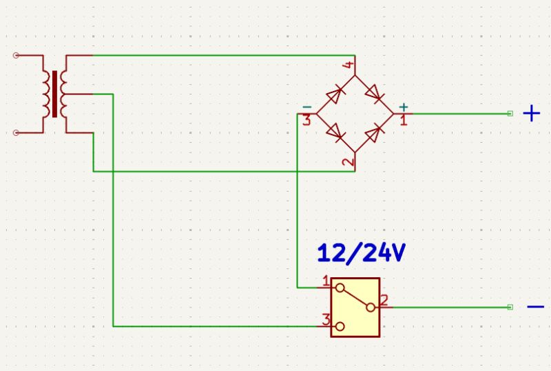 Schemat prostownika mostkowego z przełącznikiem napięcia 12/24V i transformatorem