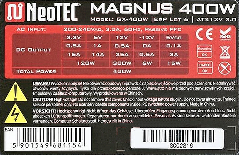 NeoTEC model: GX-400W Magnus-spalone tranzystory po stronie pierwotnej zasilacza