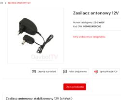 Czarny zasilacz antenowy 12V z wtyczką sieciową i przewodem zakończonym gniazdem.